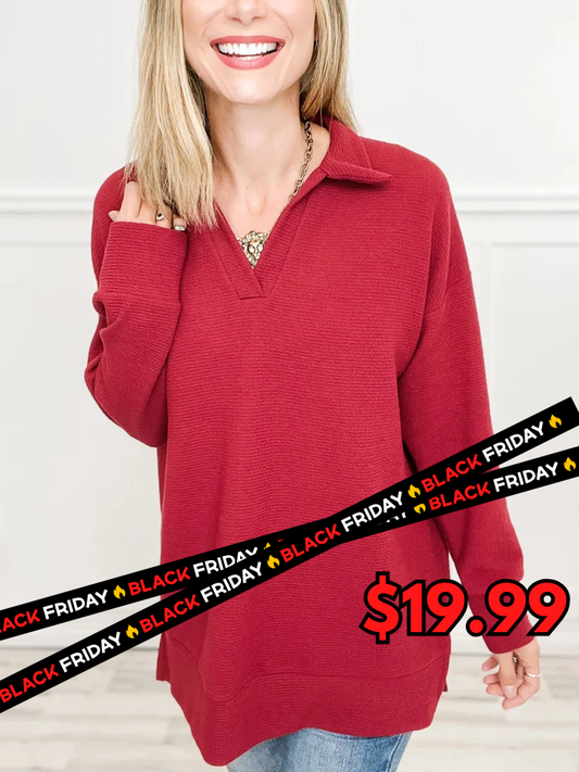 Long Sleeve Collared V-Neck Tunic Length Top - Group A