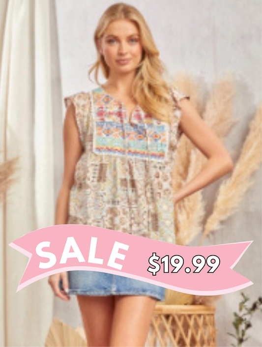 Babydoll Print Top with Floral Embroidery