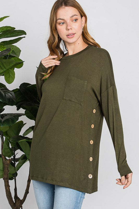 Long Sleeve Button Side Top with Front Accent Pocket