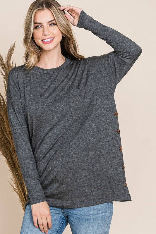 Long Sleeve Button Side Top with Front Accent Pocket