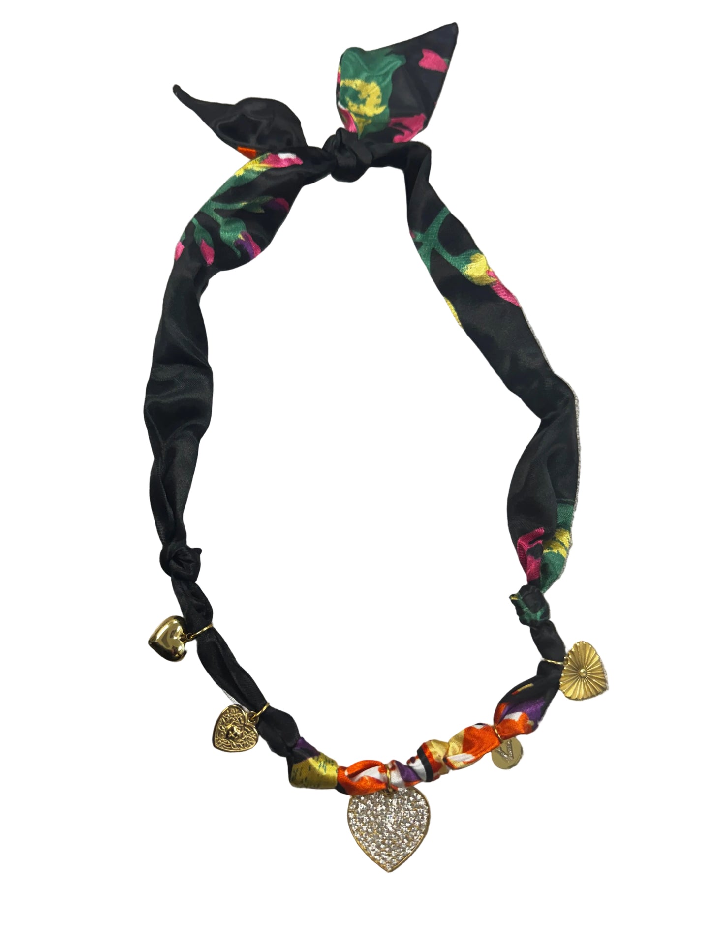 Black Silk Scarf Necklace with Heart Charms