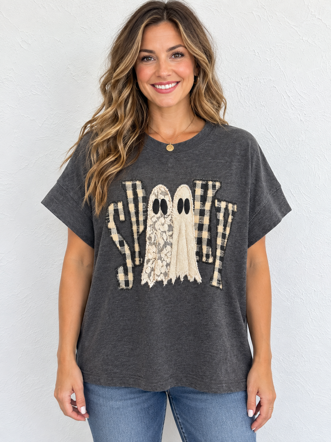 Black Gingham Spooky Ghosts Graphic Tee