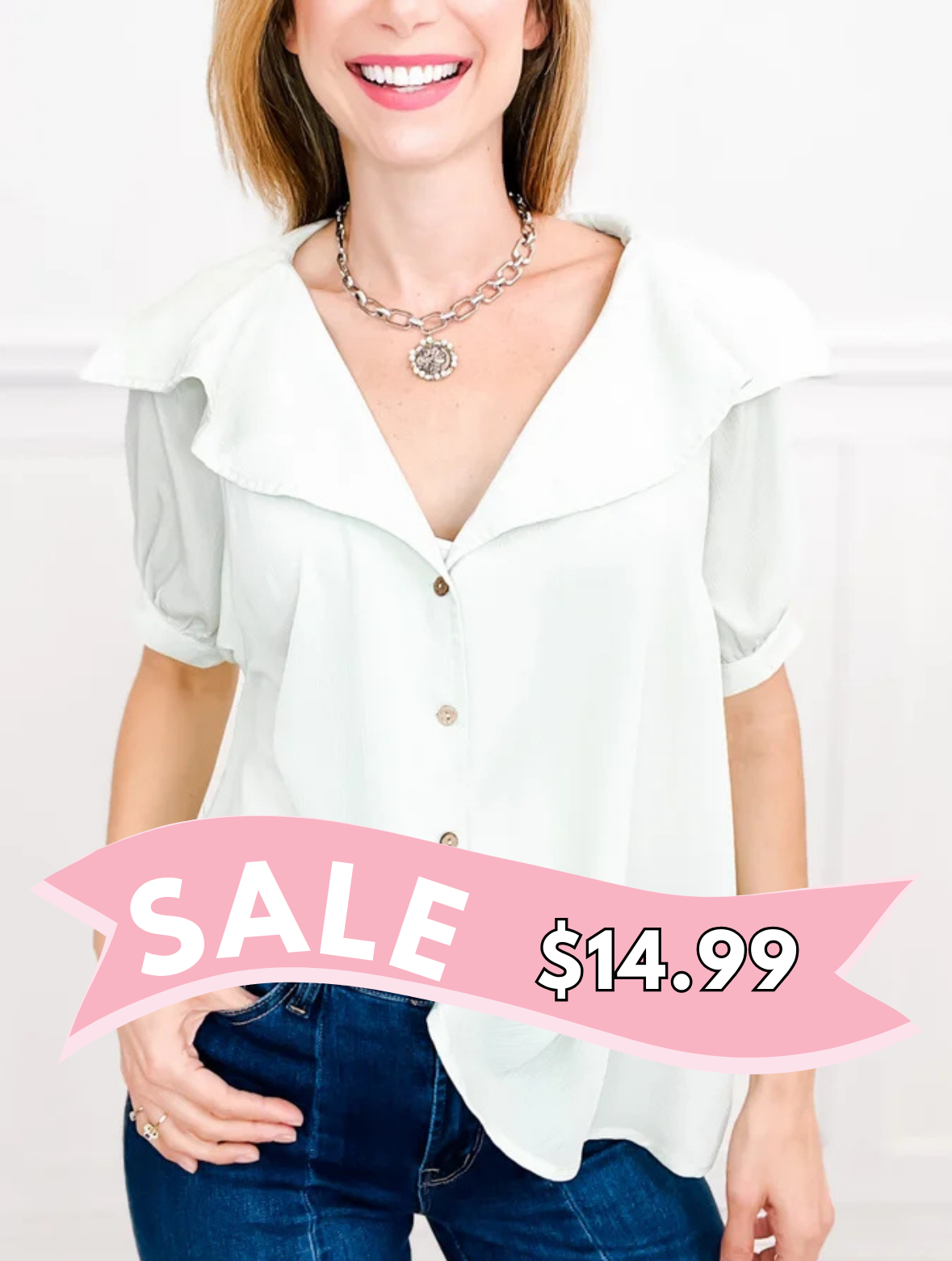 Button Down Top with Puff Sleeves and Ruffled Collar