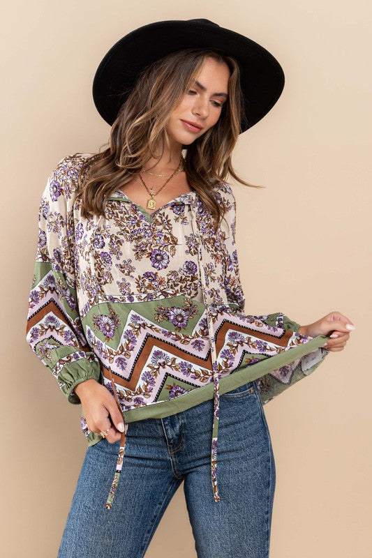 Border Print Comfort Fit Blouse Top