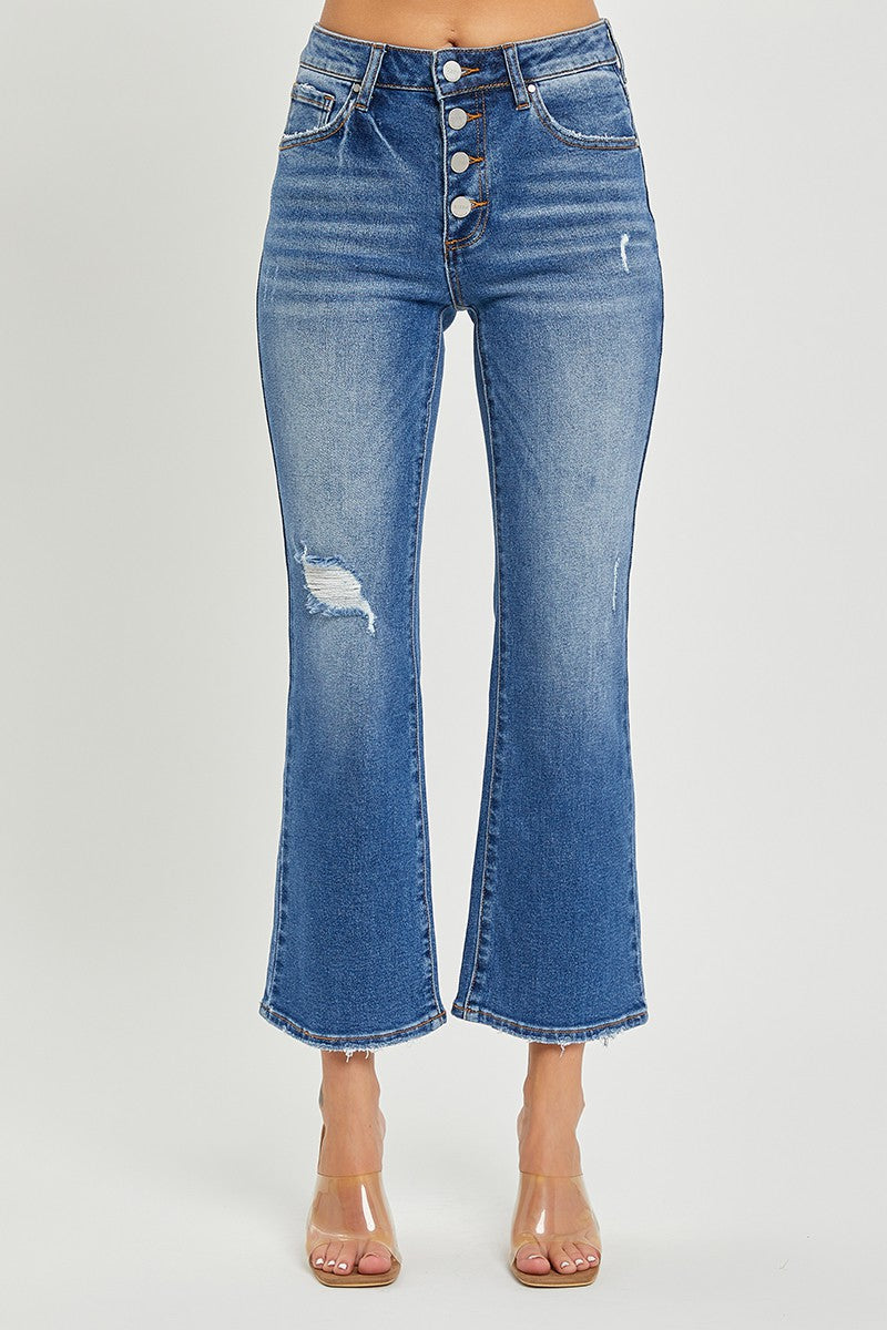 MID RISE BUTTON DOWN CROPPED FLARE JEANS