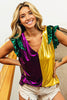 MARDI GRAS COLOR BLOCK RUFFLED METALLIC TOP