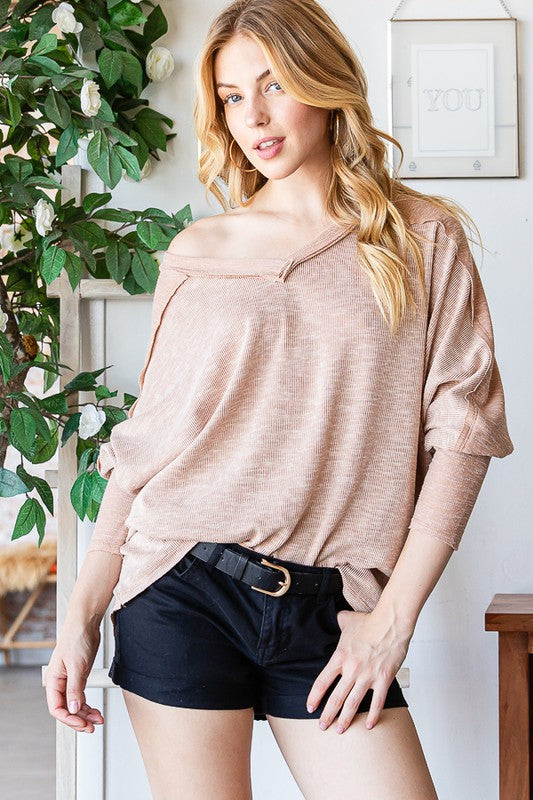 Long Sleeve Ribbed V-Neck Off Shoulder Top