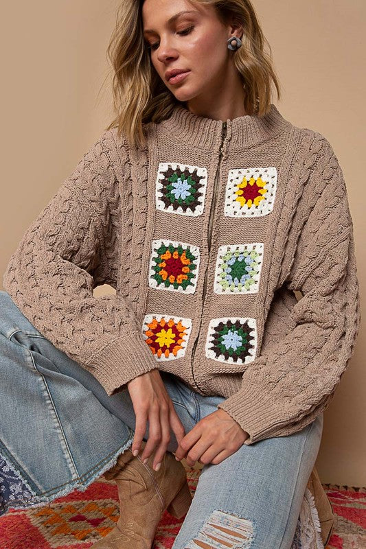 High Neck Hand Knit Squares Patches Sweater Jacket