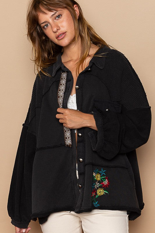 Oversized Floral Trim Button Down Knit Jacket