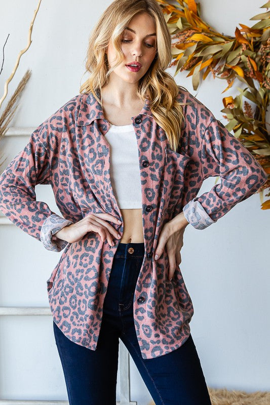 Long Sleeve Animal Print Button Down Top with Collar