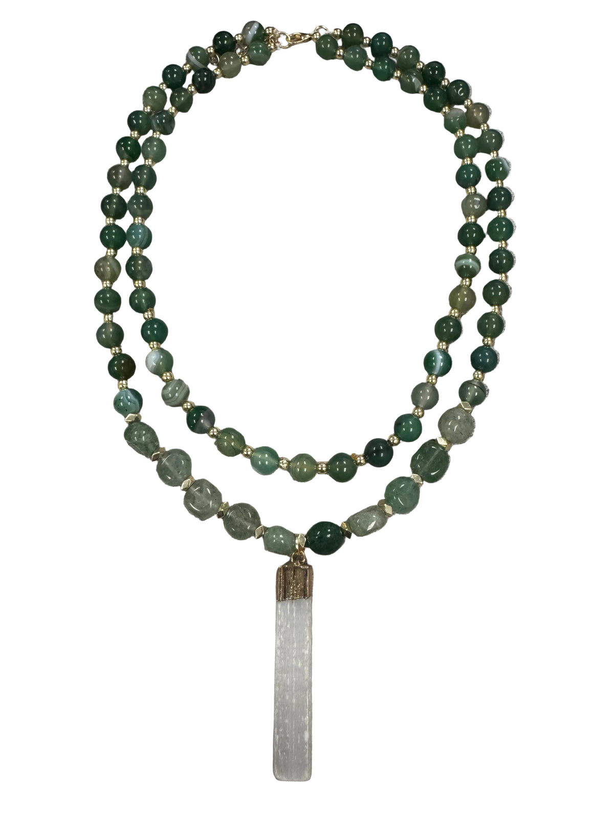 Layered Crystal Beaded Necklace with Quartz Pendant