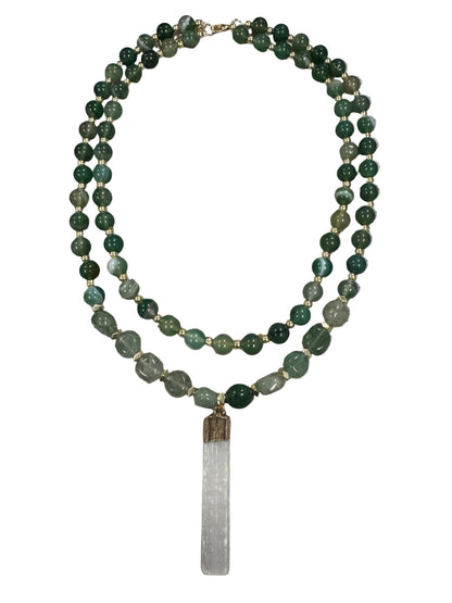 Layered Crystal Beaded Necklace with Quartz Pendant