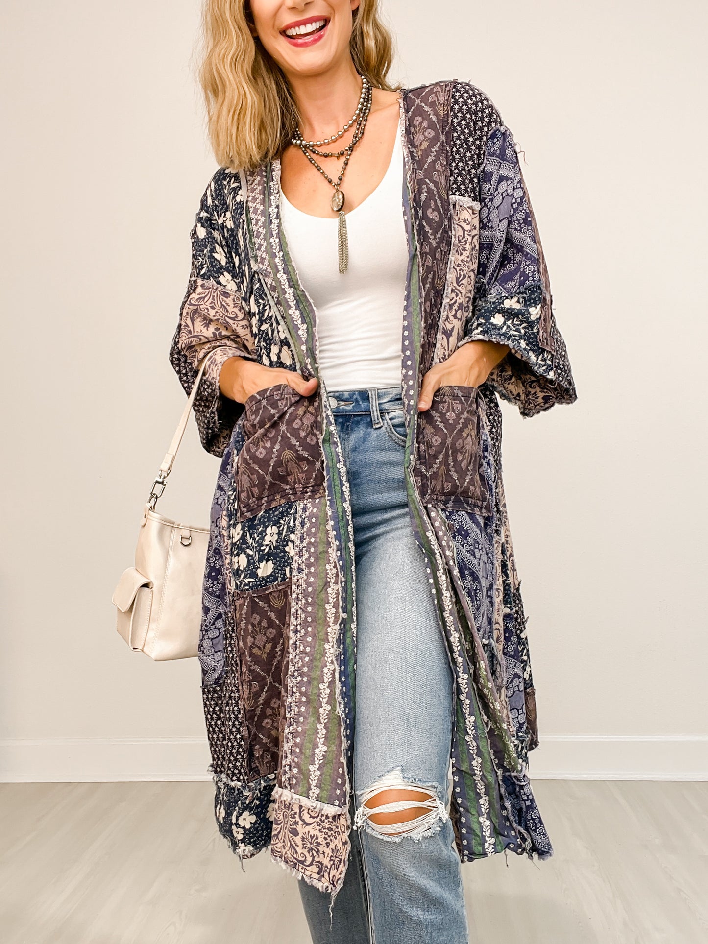 Washed Mix Media Open Front Pocket Cardigan