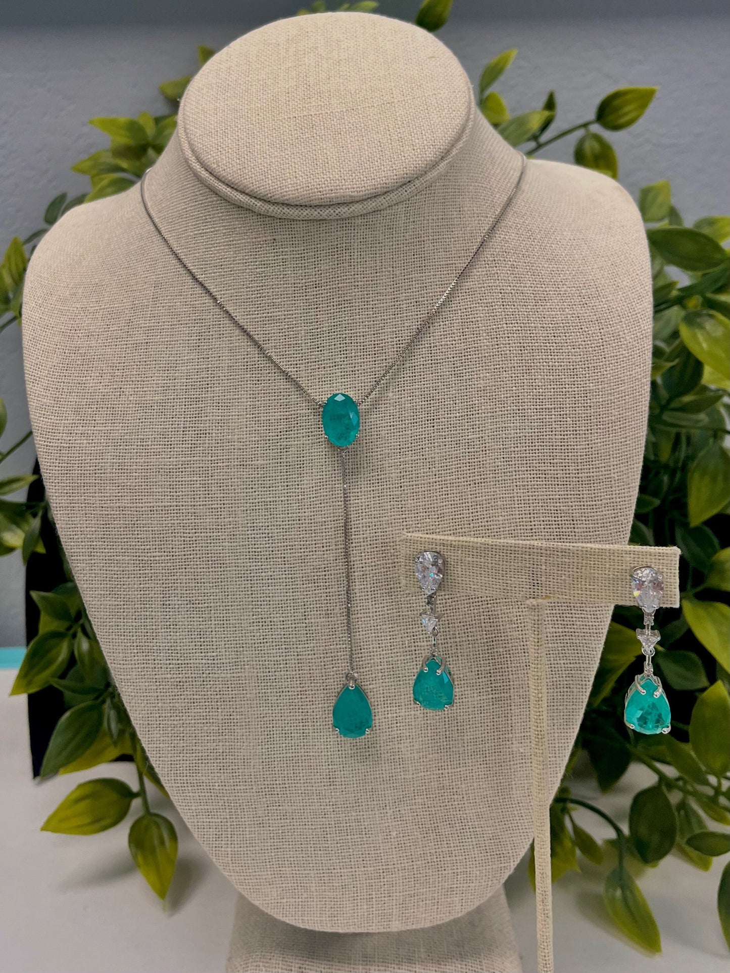 Aqua Marine Drop Pendant Necklace in Sterling Silver with Matching CZ Drop Earrings