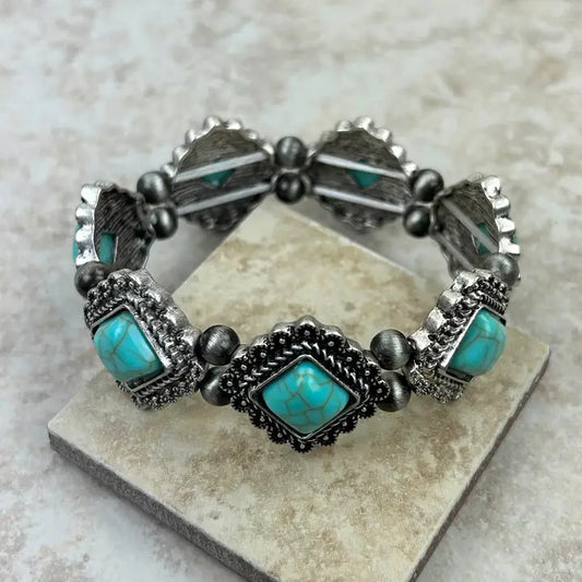 Southwest Style Silver Natural Stone Concho Stretch Bracelet