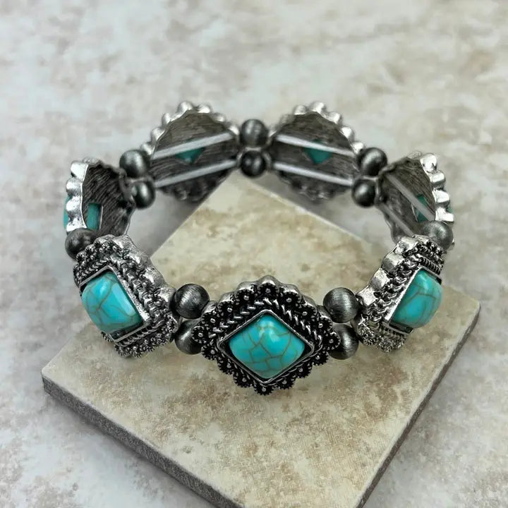 Southwest Style Silver Natural Stone Concho Stretch Bracelet