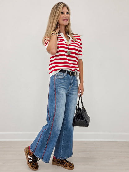Medium Indigo Side Piping Wide Leg Crop Jeans