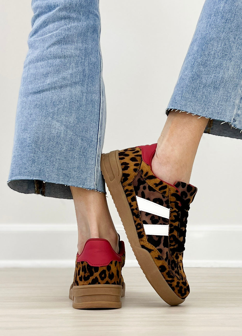 Double Stripe Design Court Sneakers in Camel Leopard & Red