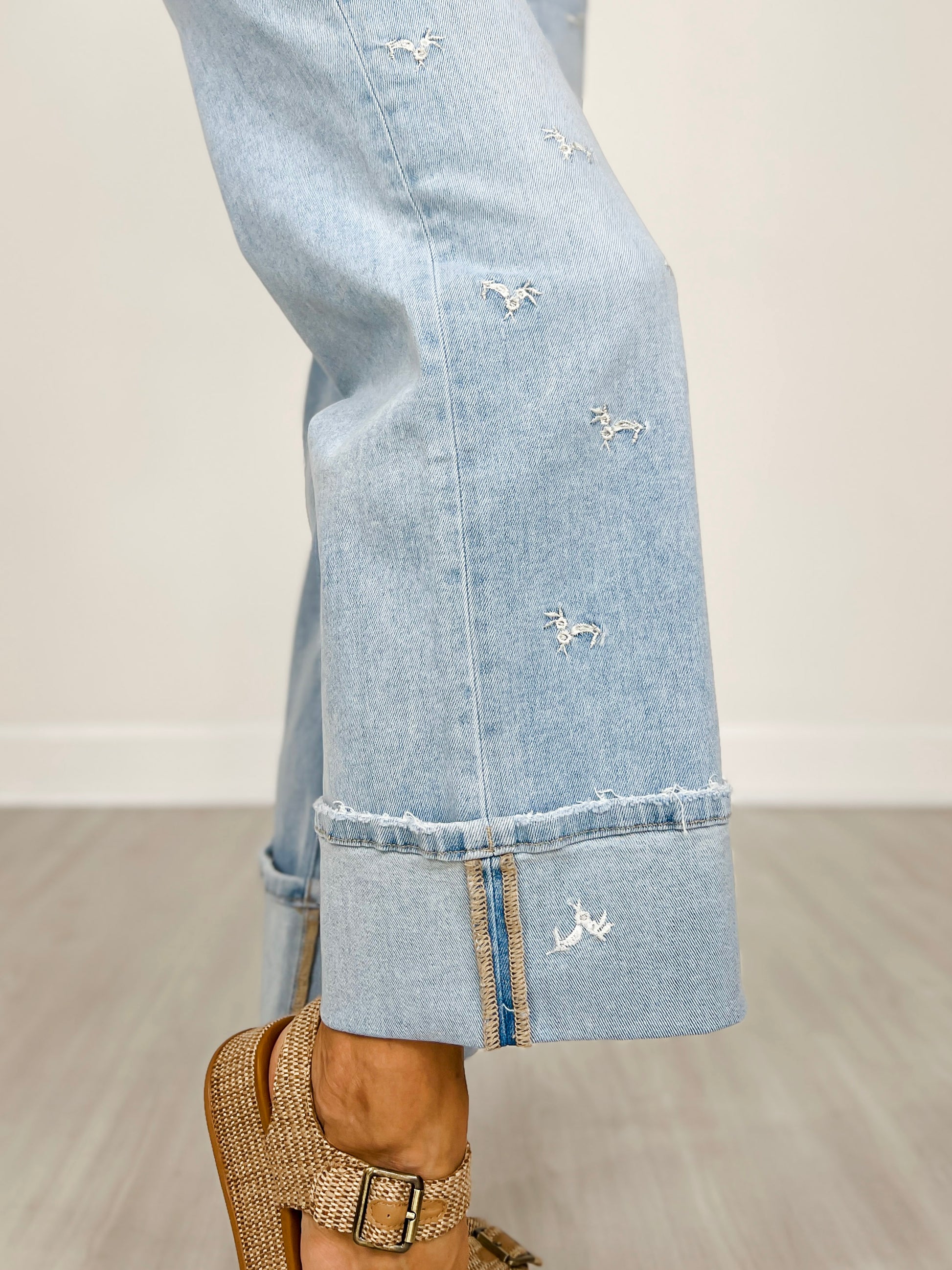 MICA Denim High Rise Wide Leg Tummy Tuck Embroidered Jeans