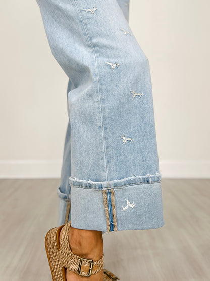 MICA Denim High Rise Wide Leg Tummy Tuck Embroidered Jeans