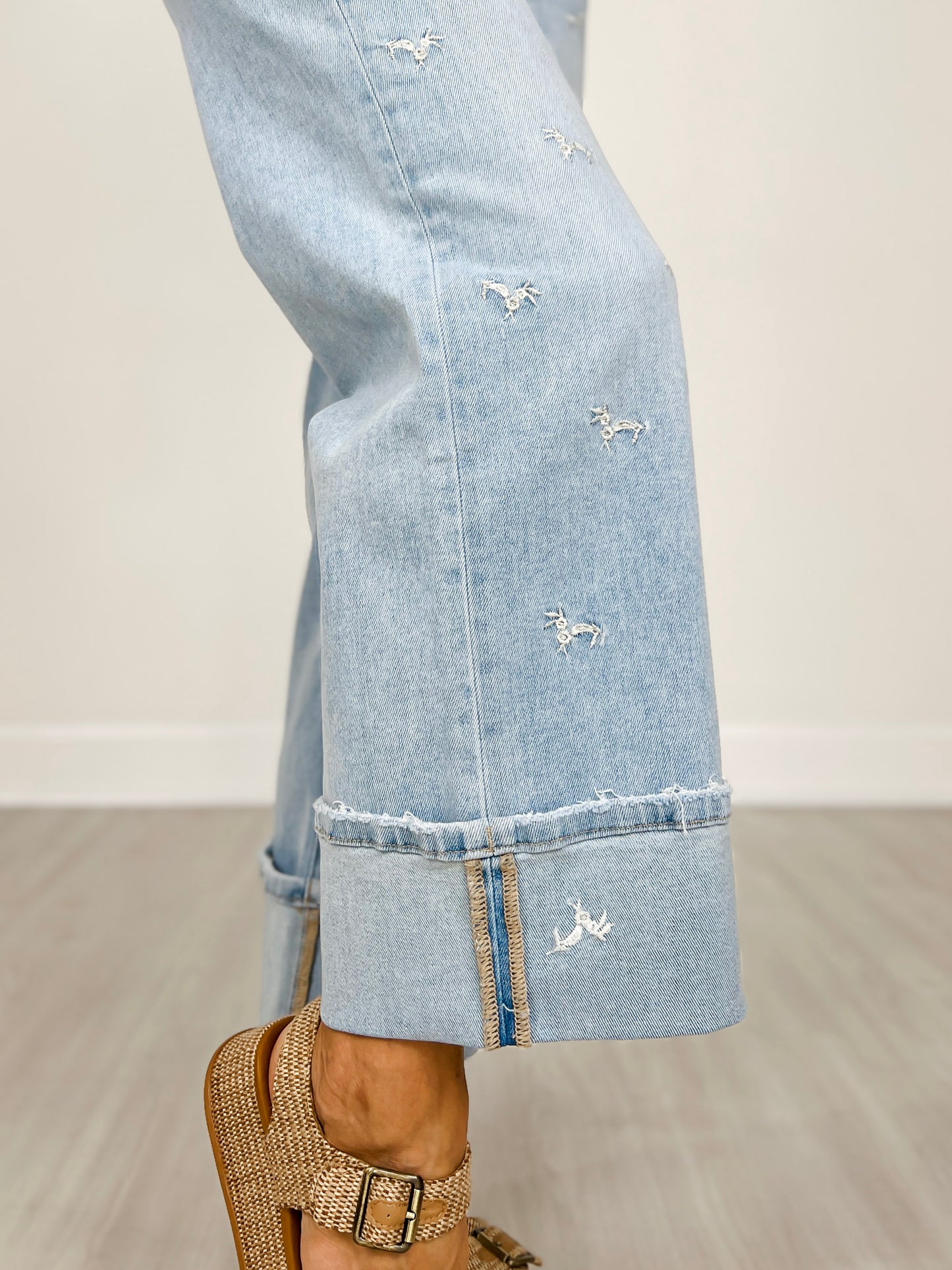 MICA Denim High Rise Wide Leg Tummy Tuck Embroidered Jeans