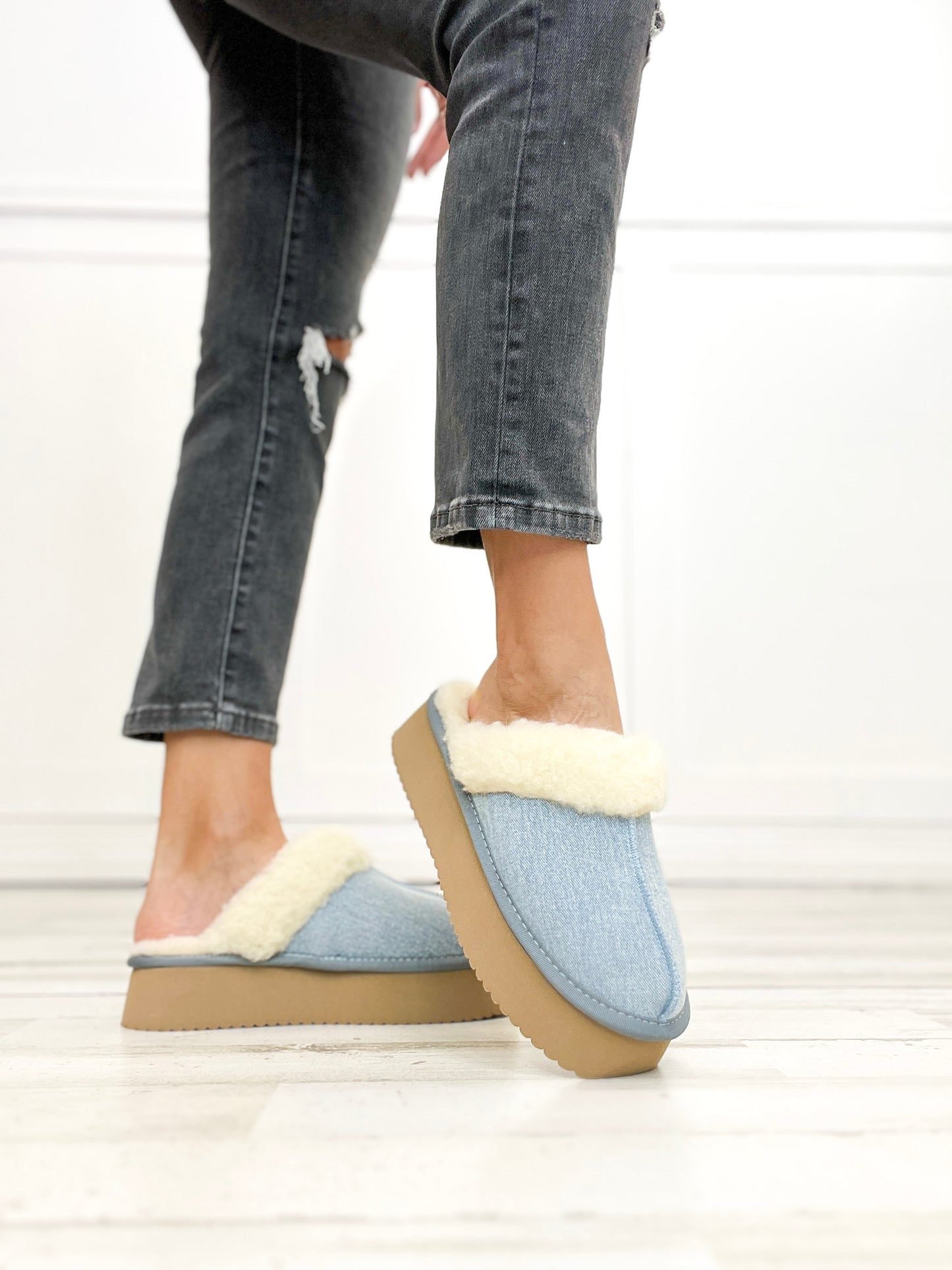 Corkys Cuddle Up Slipper Shoes in Light Blue Denim