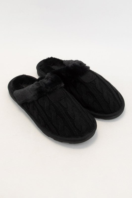 Snuggle Soles Cable Knit Faux Fur Lined Slippers in Black