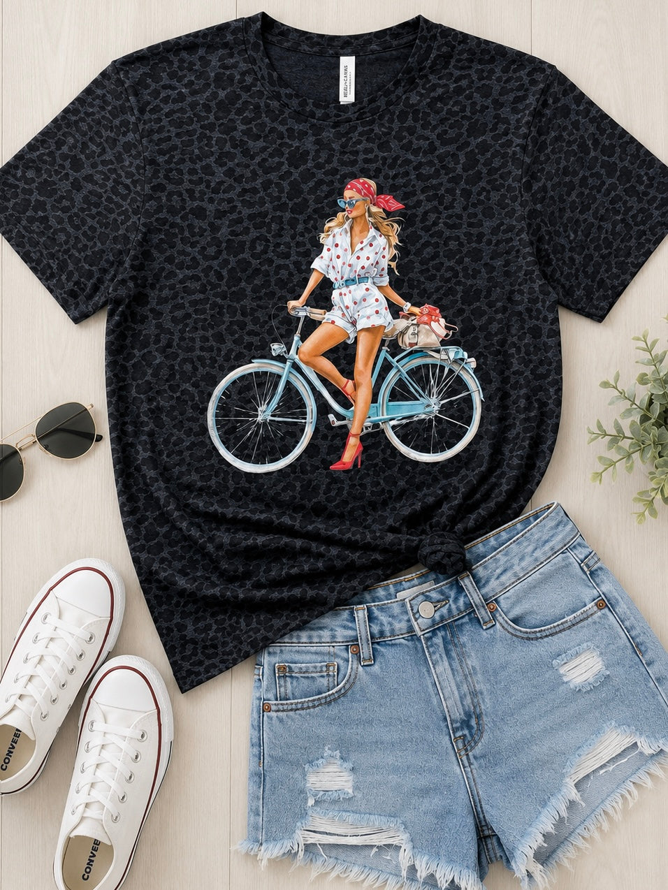 Pin up Girl on Bike Leopard graphic Tee