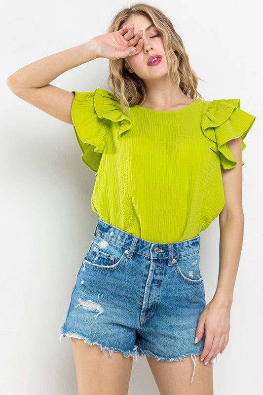 Gauze Double Ruffled Short Sleeve Top