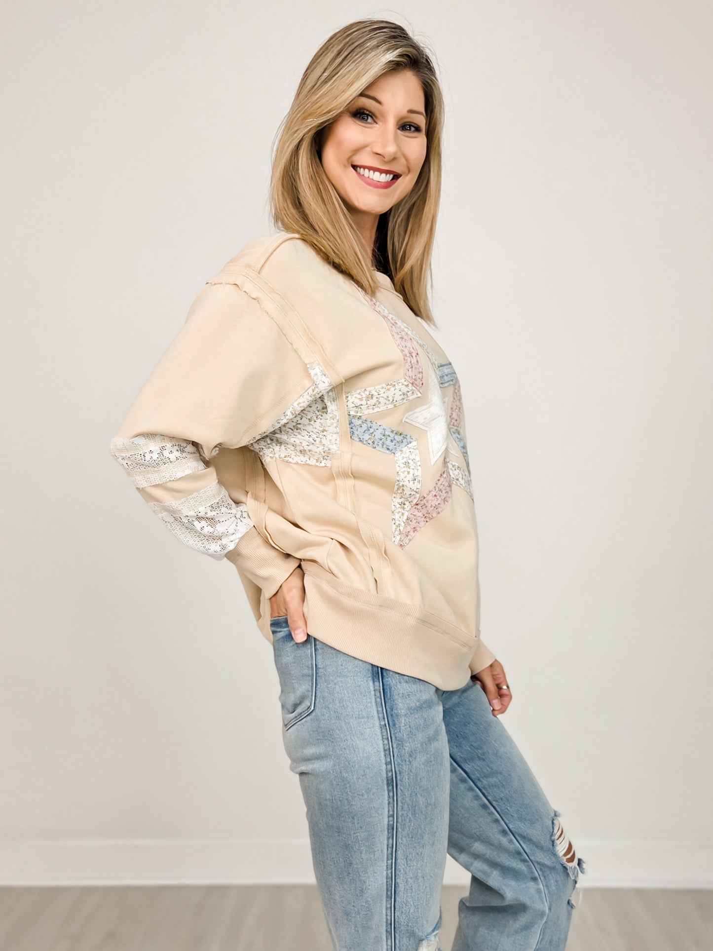 Long Sleeve Top with Patch Stitch Star Pattern