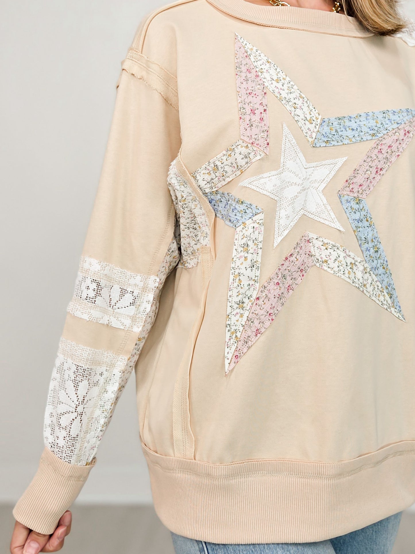 Long Sleeve Top with Patch Stitch Star Pattern