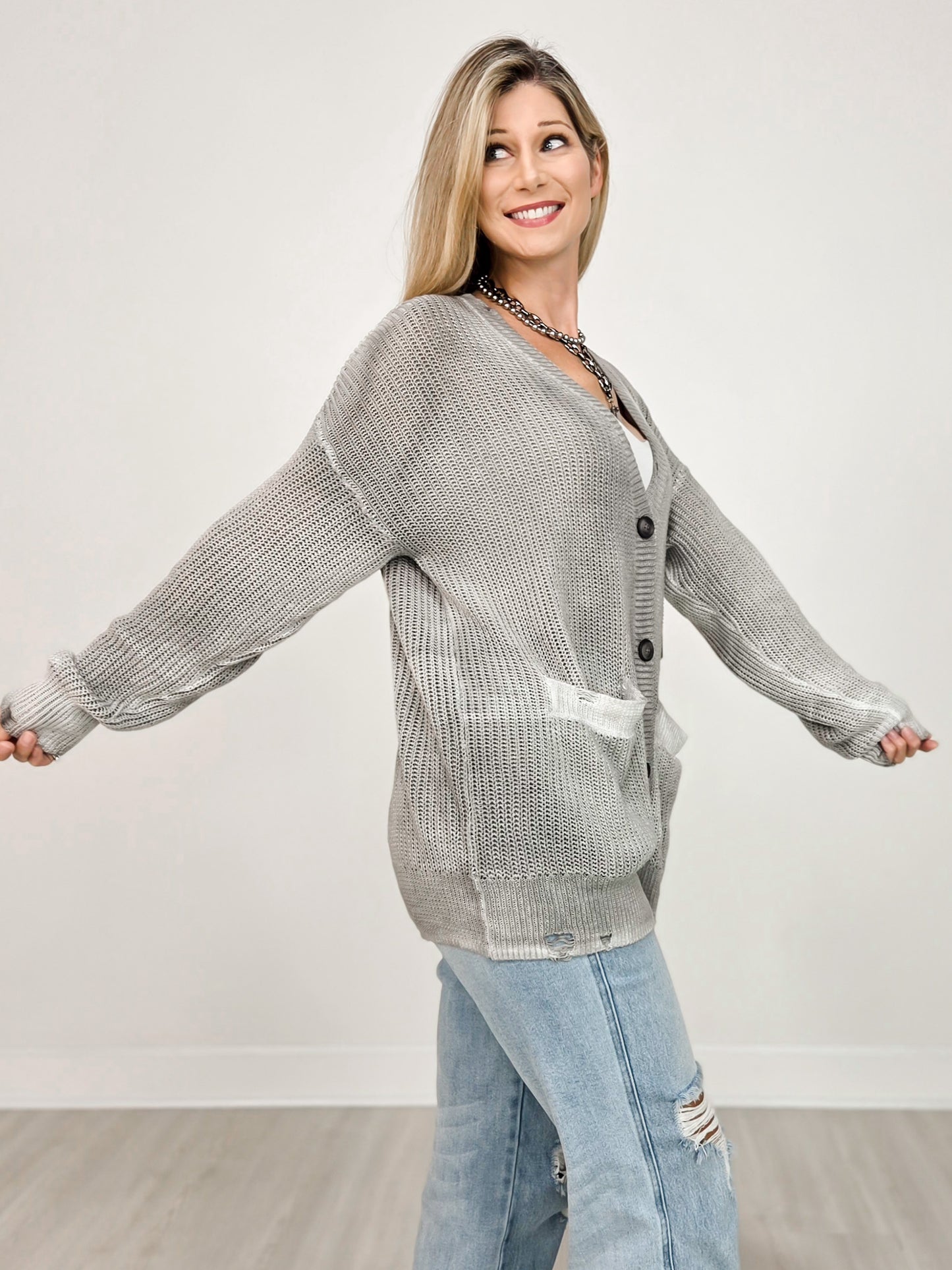 Long Sleeve Cardigan with Button Front and Distressed Hem