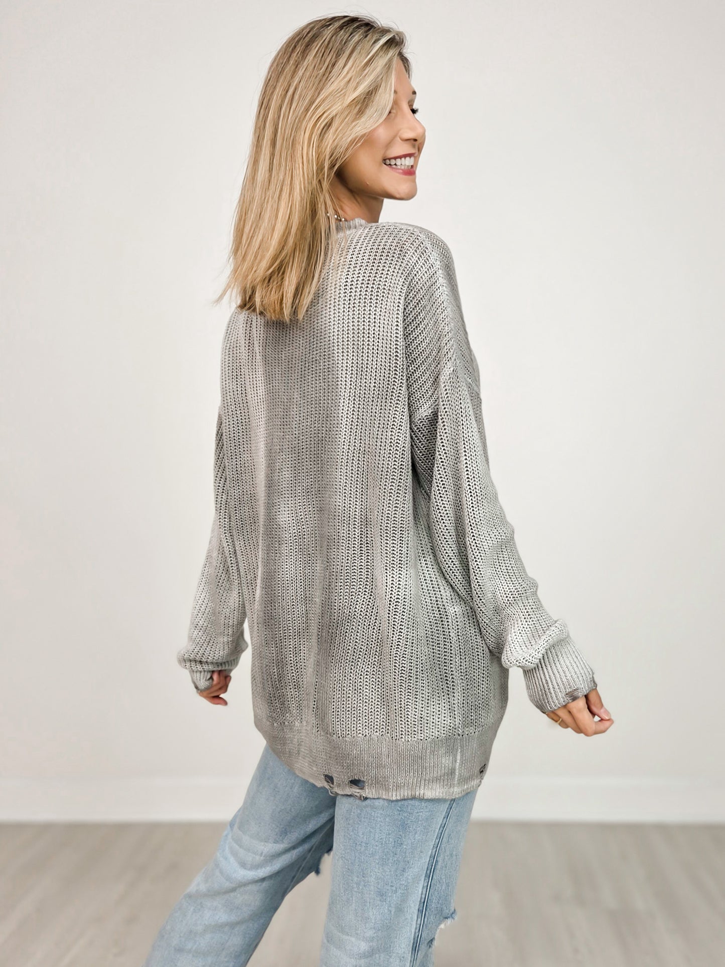 Long Sleeve Cardigan with Button Front and Distressed Hem