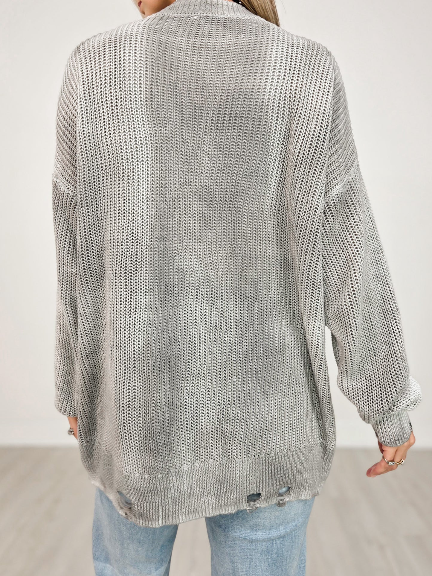 Long Sleeve Cardigan with Button Front and Distressed Hem