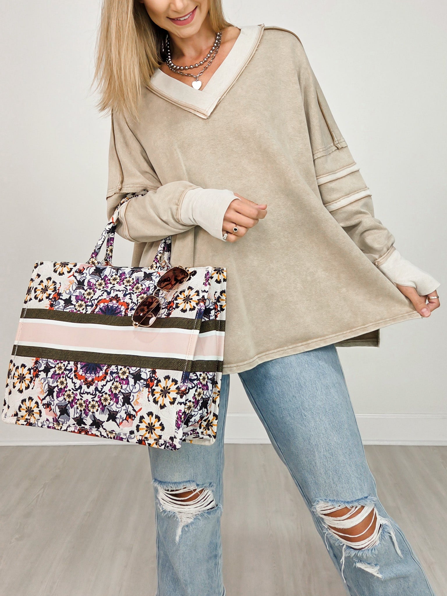 Long Sleeve V-Neck Top with Side Slits and Hi-Lo Hem