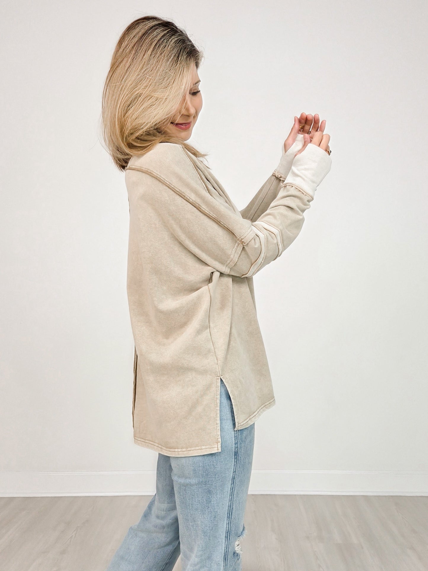 Long Sleeve V-Neck Top with Side Slits and Hi-Lo Hem