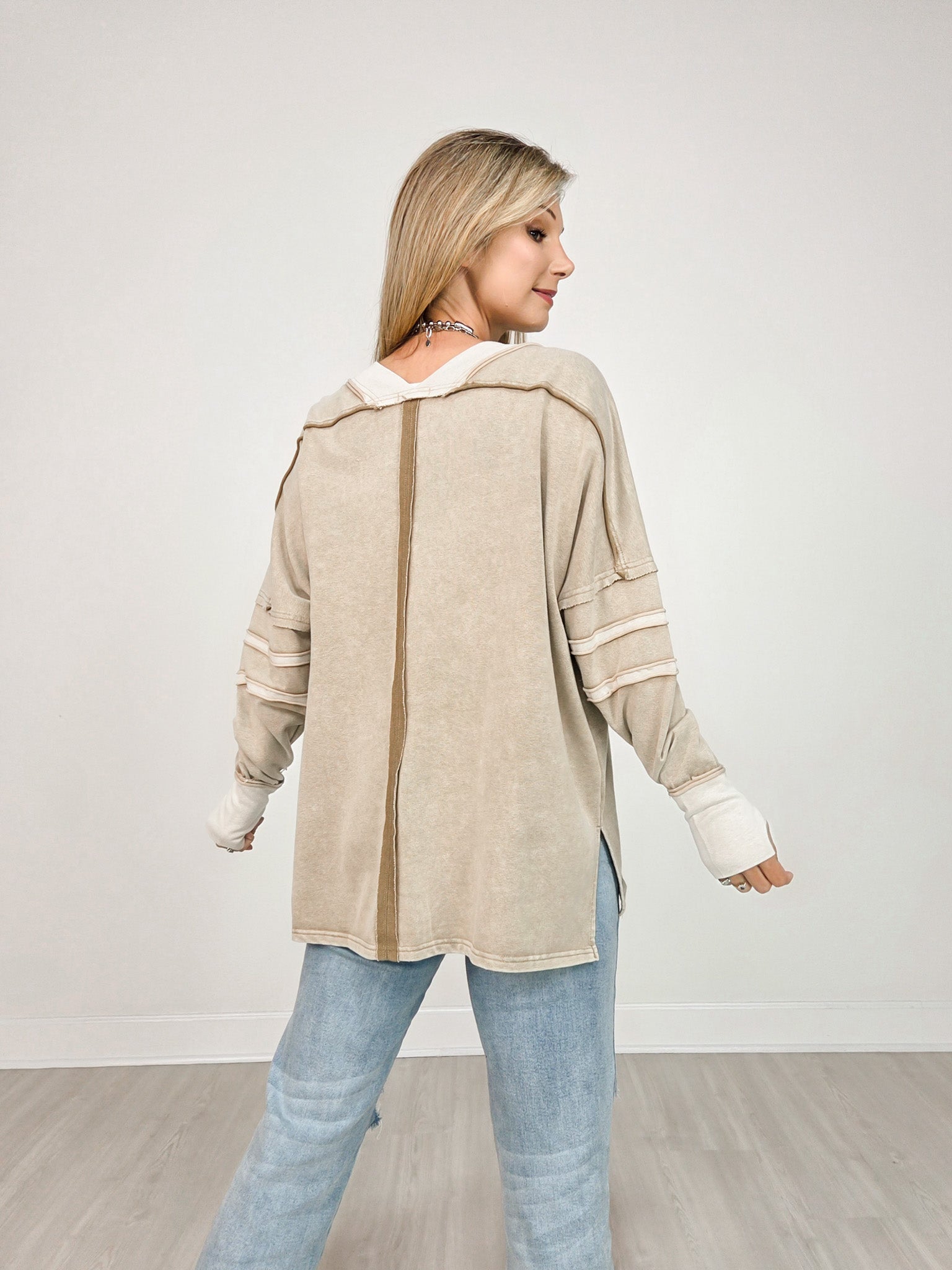 Long Sleeve V-Neck Top with Side Slits and Hi-Lo Hem