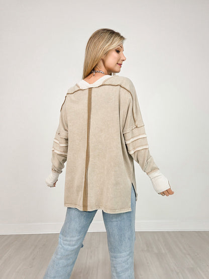 Long Sleeve V-Neck Top with Side Slits and Hi-Lo Hem