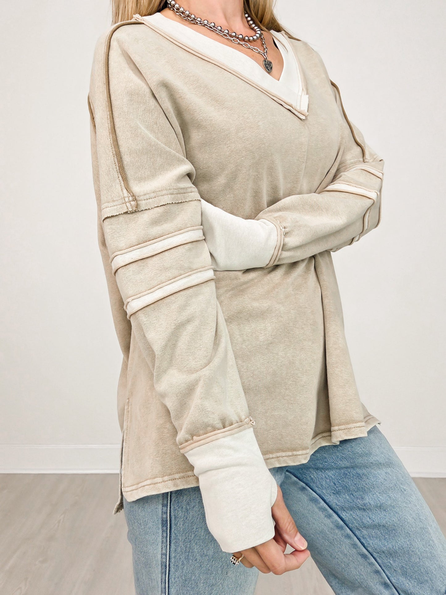 Long Sleeve V-Neck Top with Side Slits and Hi-Lo Hem