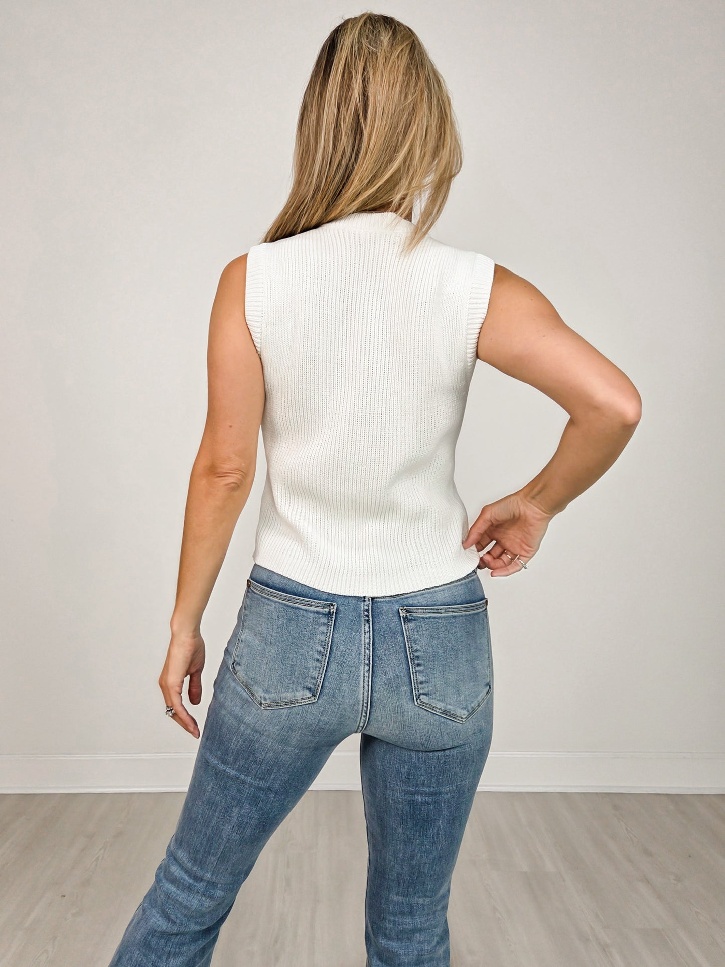 Gold Button Down Sleeveless Knit Top with Accent Pockets