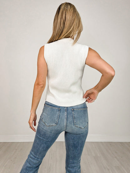Gold Button Down Sleeveless Knit Top with Accent Pockets