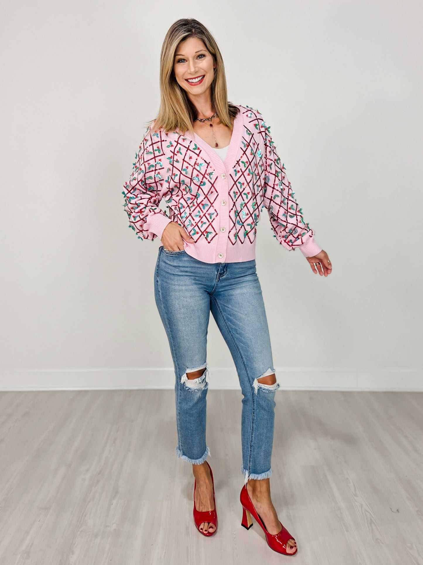 Queen of Sparkles Diagonal Stripe Holly Sweater