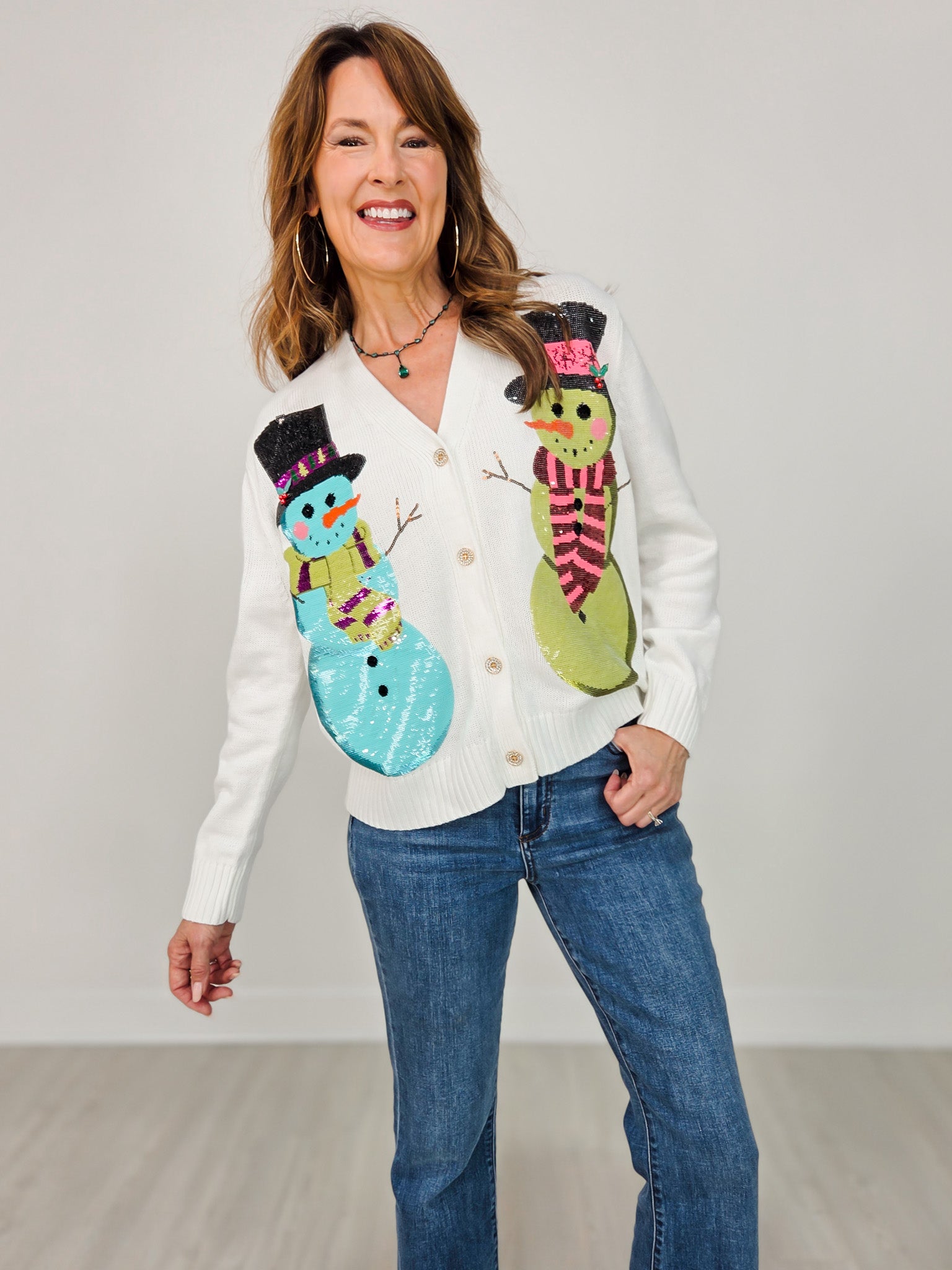 Queen of Sparkles White Snowmen Cardigan