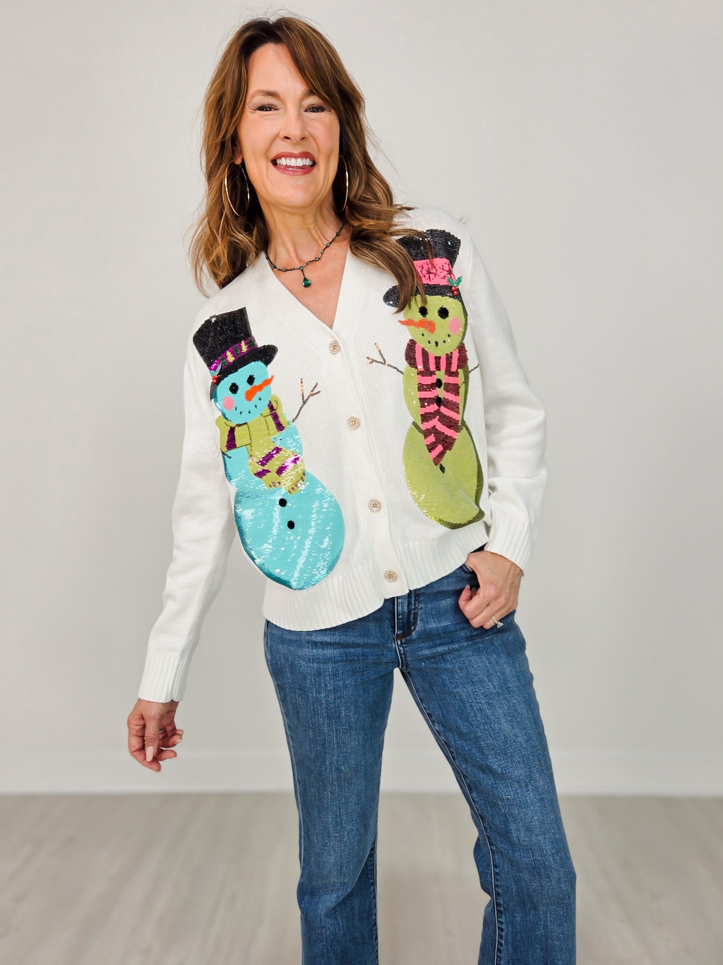 Queen of Sparkles White Snowmen Cardigan