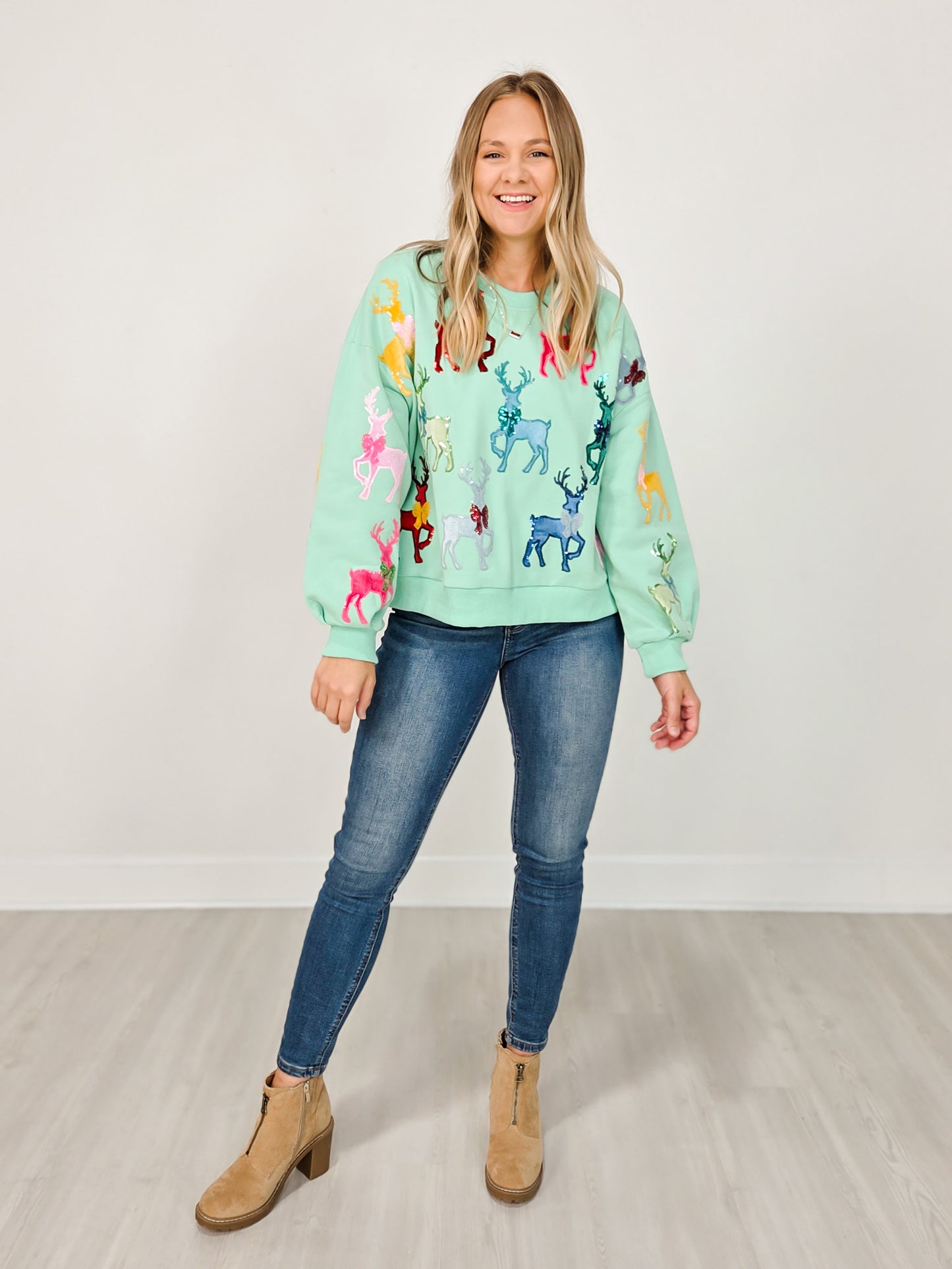 Queen of Sparkles Mint Green Sweatshirt With Velvet Reindeers & Bows