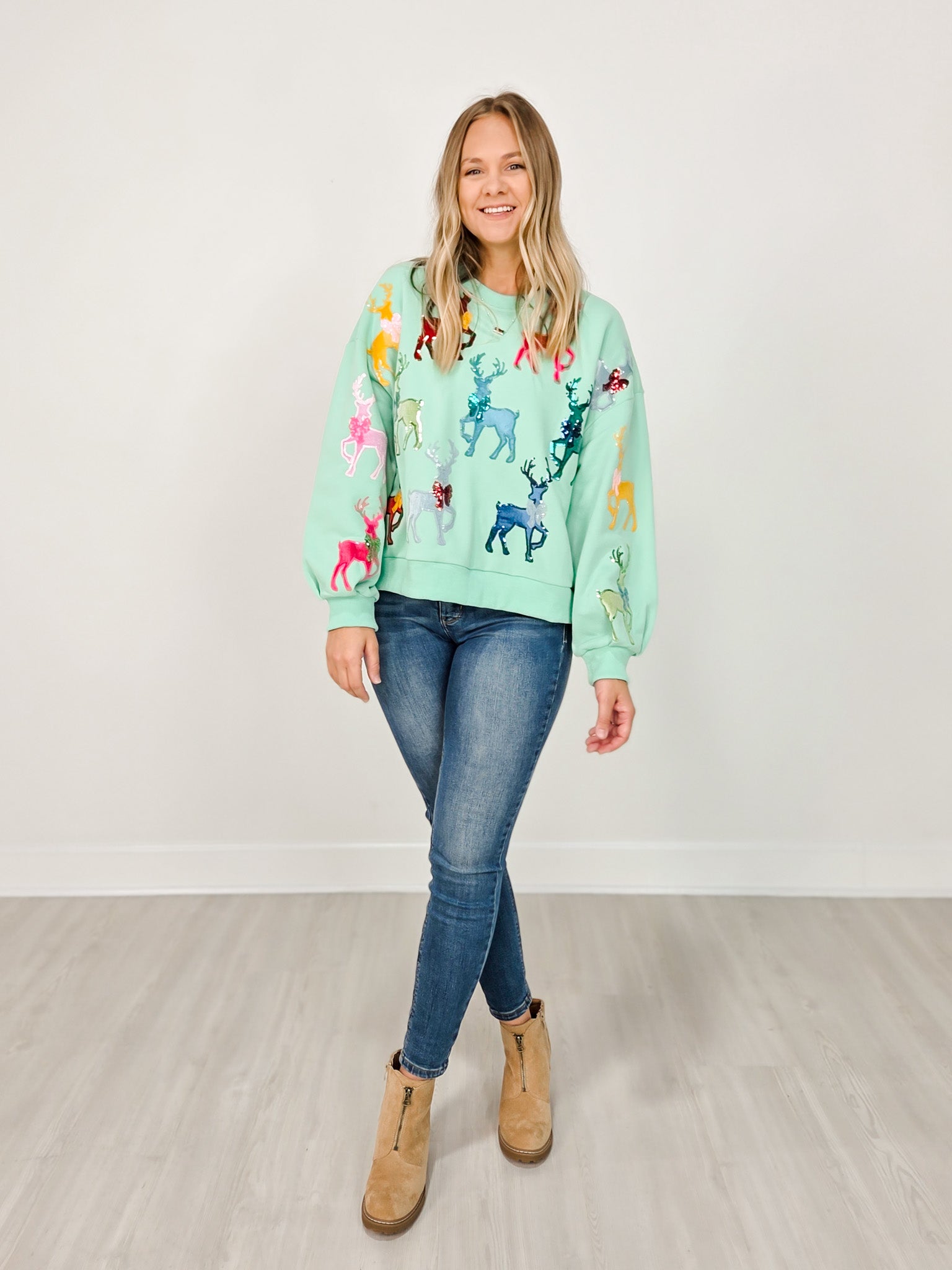 Queen of Sparkles Mint Green Sweatshirt With Velvet Reindeers & Bows