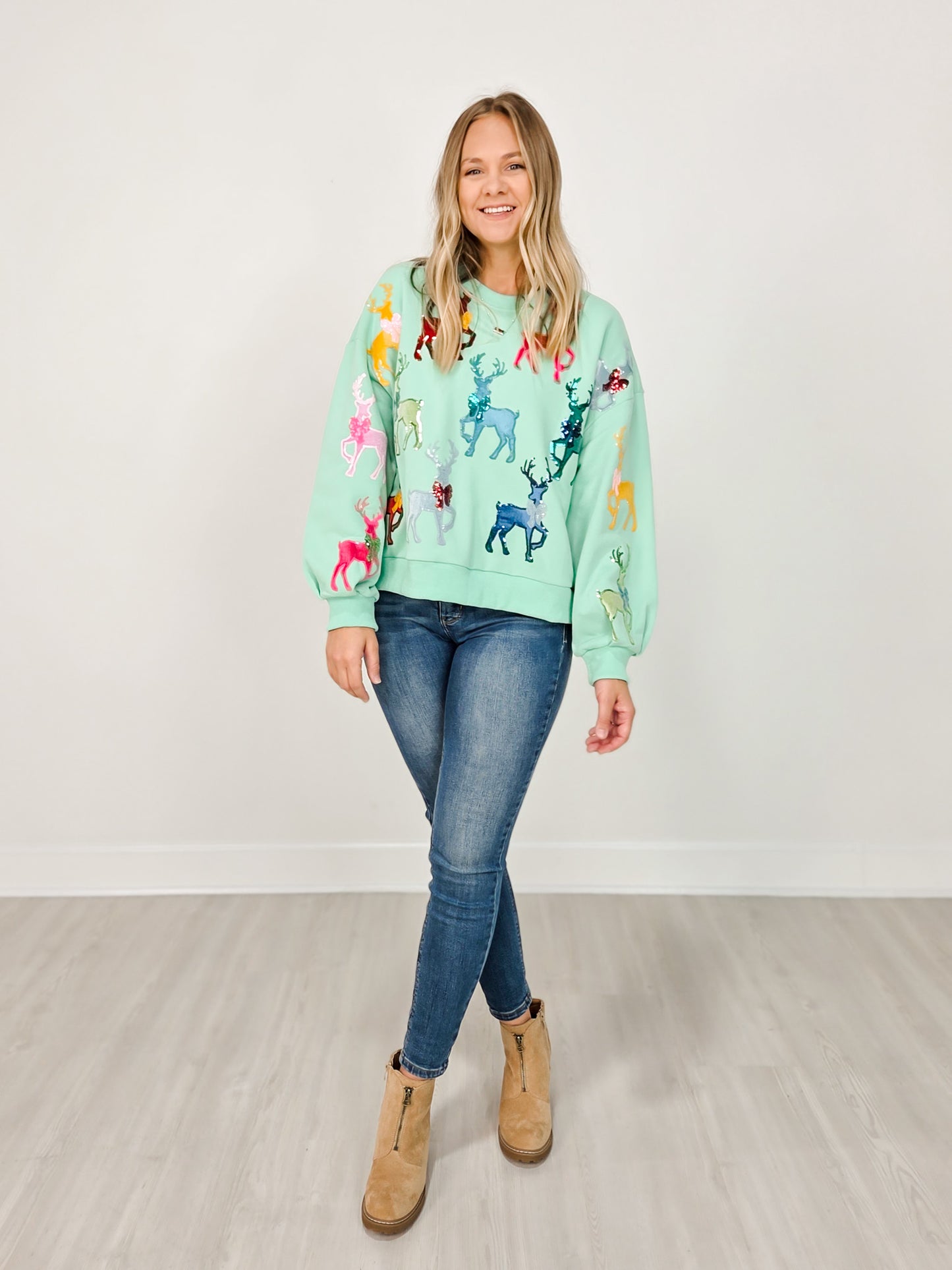 Queen of Sparkles Mint Green Sweatshirt With Velvet Reindeers & Bows