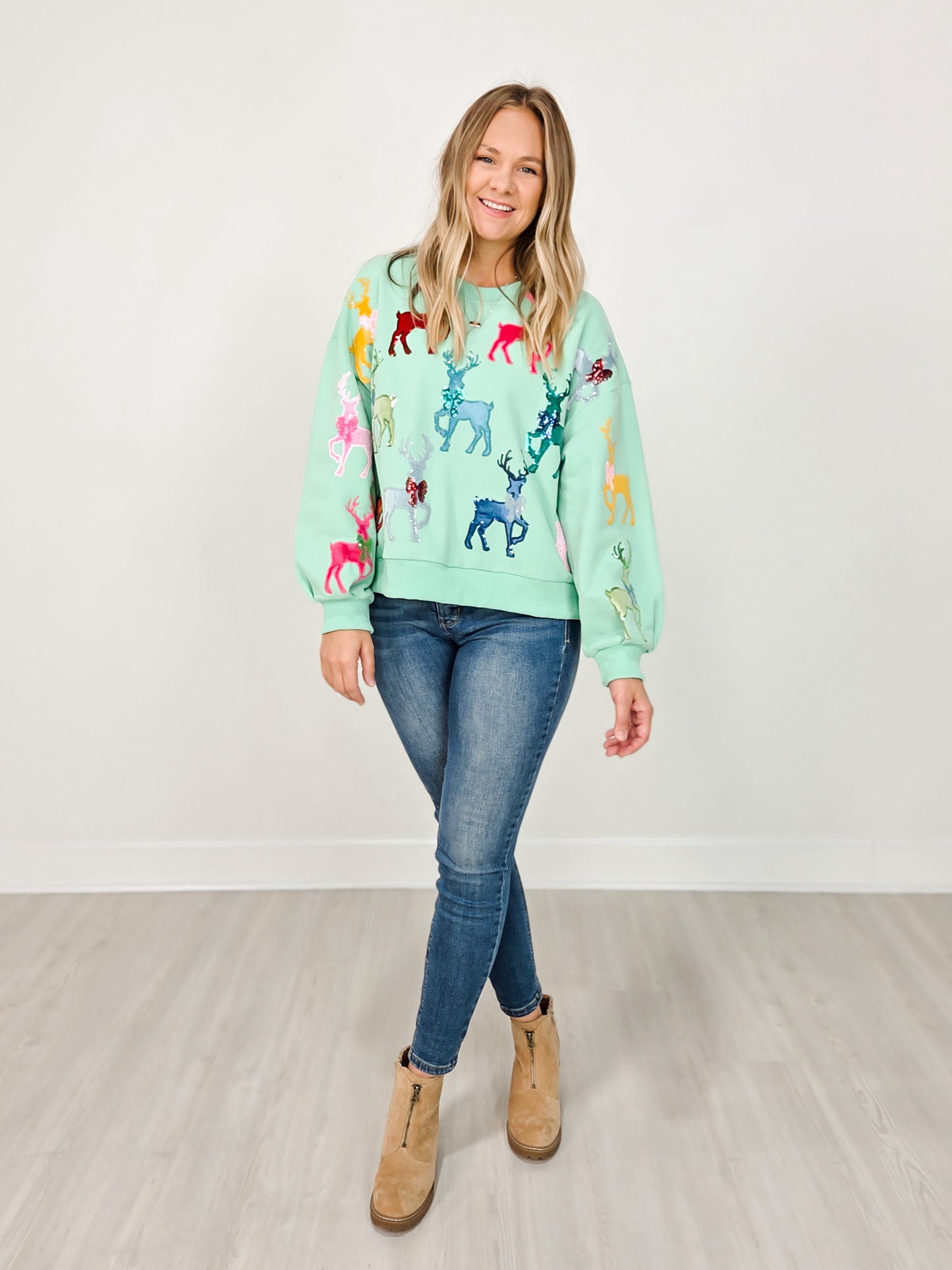 Queen of Sparkles Mint Green Sweatshirt With Velvet Reindeers & Bows