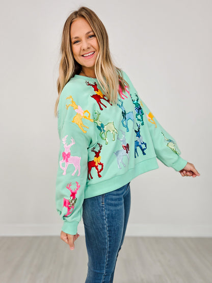 Queen of Sparkles Mint Green Sweatshirt With Velvet Reindeers & Bows