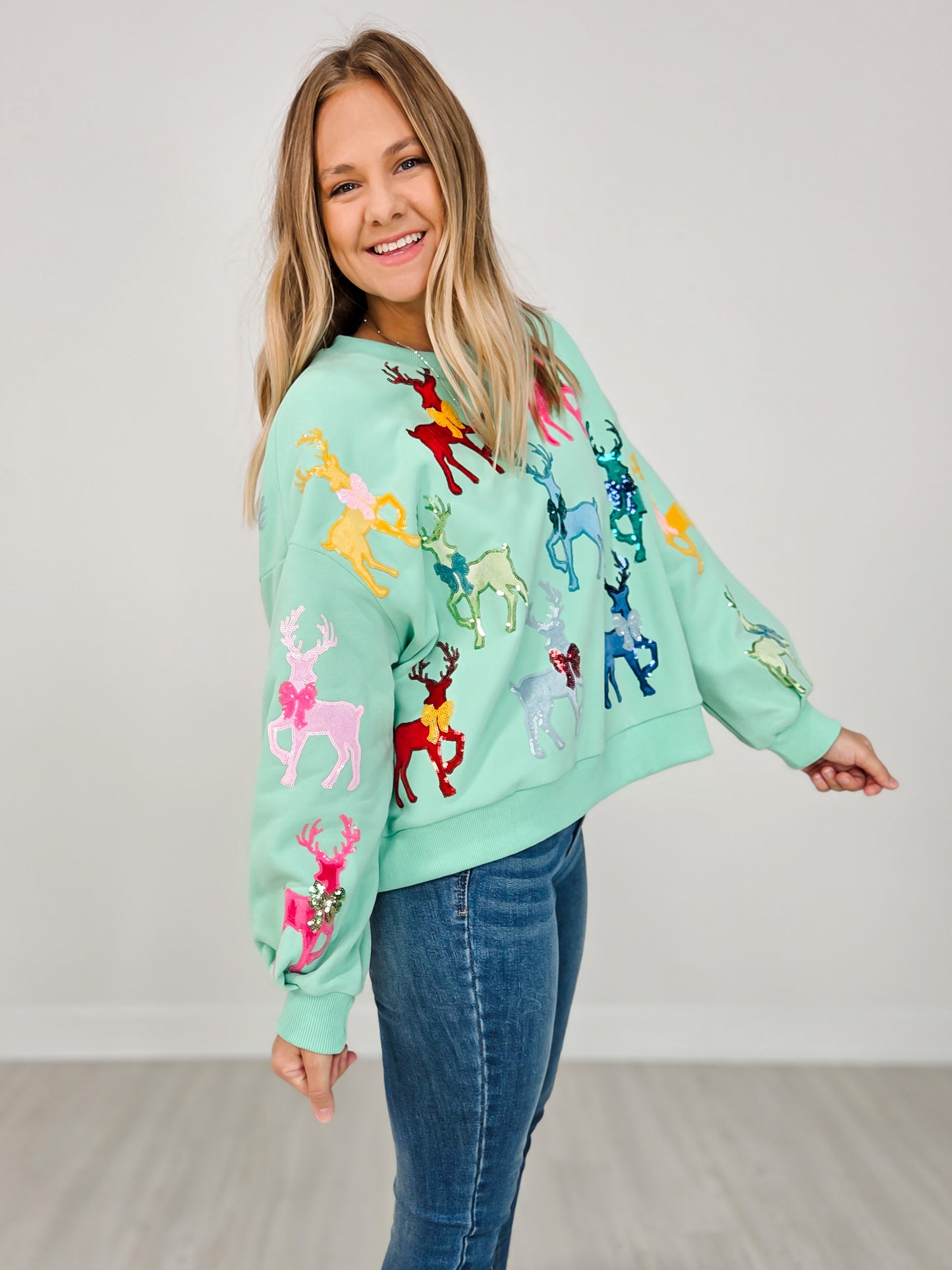 Queen of Sparkles Mint Green Sweatshirt With Velvet Reindeers & Bows